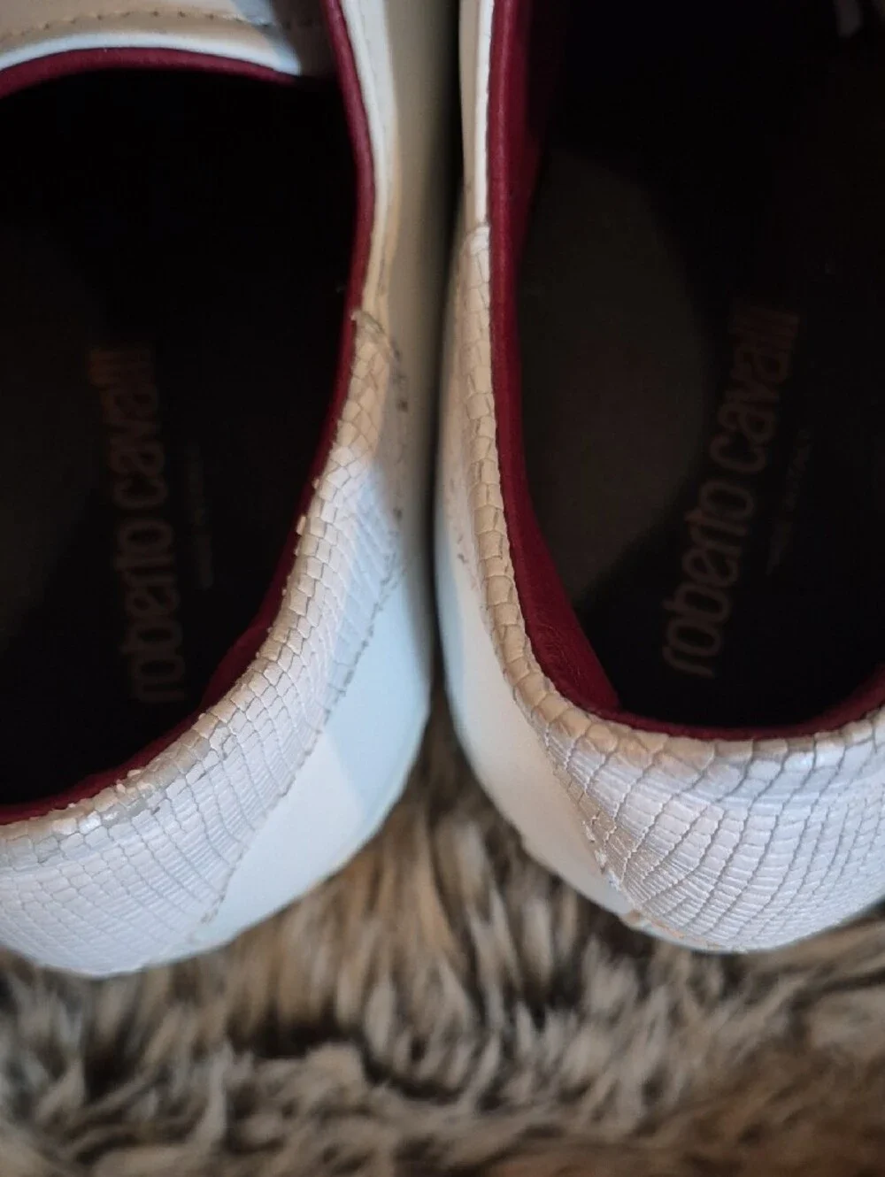 Roberto Cavalli White Leather Low-Top Sneakers with Maroon Lining